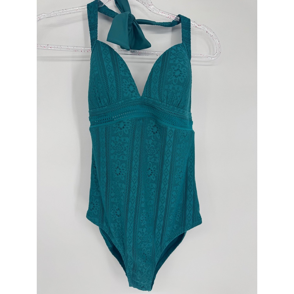 Jessica Simpson Teal Crochet Knit One Piece Halter Swimsuit V-Neck Boho Sz S